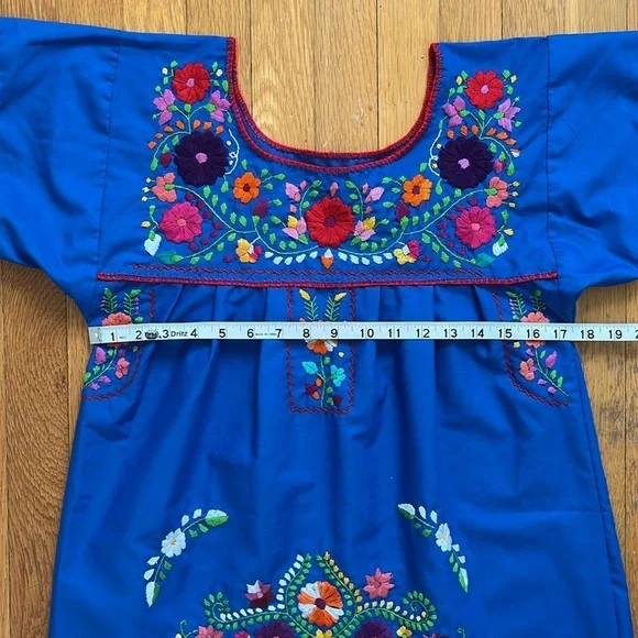 Vintage Mexican Huipil Hand Embroidered Puebla Dress Blue Floral Embroidery - Picture 8 of 11